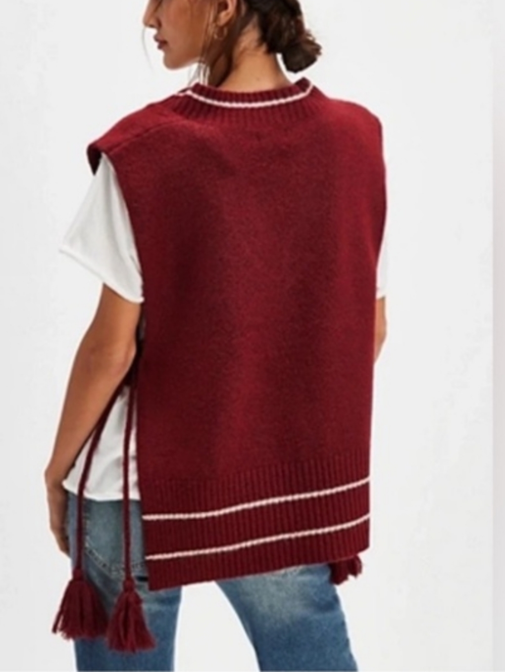 FREE PEOPLE All Star Strip Poncho Sweater Vest in Burgundy, size OS - Picture 2 of 8